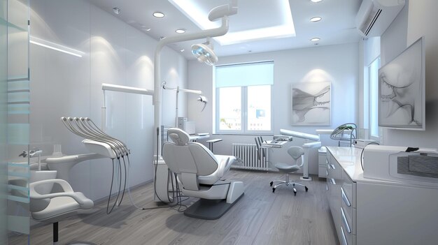 Photo interior de una clinica dental moderna y minimalista con tonos blancos y limpios ai generative