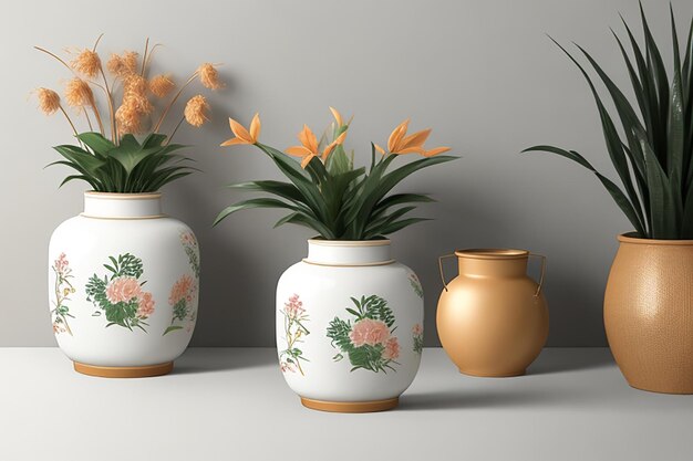 Interior decor mockup with chinese ginger jars and plant