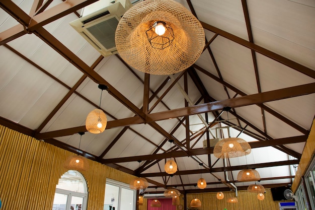 Interior decoration furniture and lighting ceiling hanging lamp
with bamboo wicker weave on roof in room of classic retro vintage
coffee shop for travelers travel visit and relax in bangkok
thailand