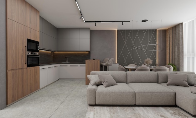 Interni e decorazione del soggiorno. rendering 3d.