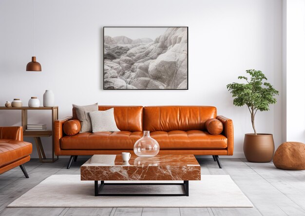 Interior decoration living room style of minimalist geometric light white and orange Generative AI