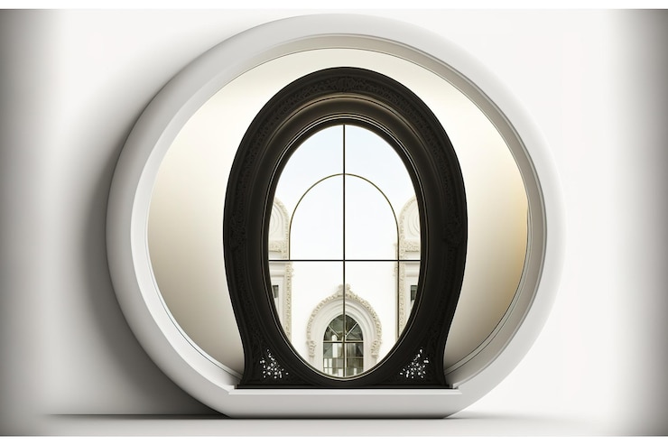Photo interior decoration with a glass surface in the shape of a half round oval window and an isolated mirror with a black shining frame on a white background