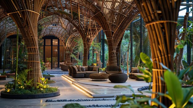 Фото Внутреннее украшение в атриуме, построенном из бамбука, олицетворяет элегантность в гармонии с устойчивостью
