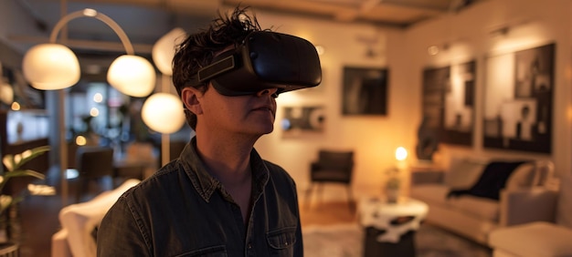 an interior decorator using vr technology to experiment with different lighting options in a virtual
