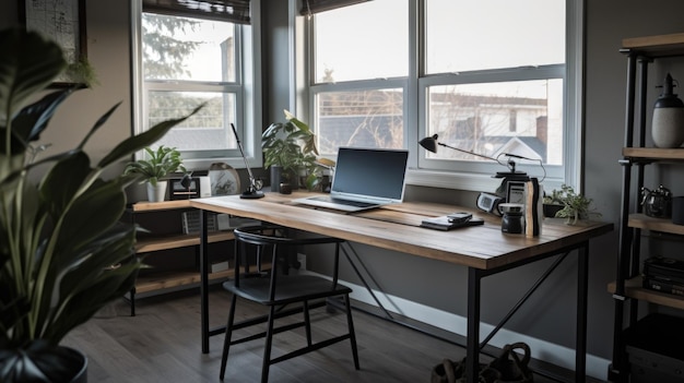 Interior deisgn of Home Office in Industrial style with Desk