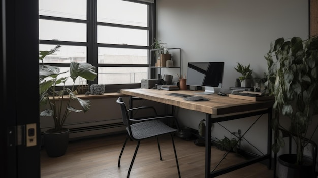 Дизайн интерьера домашнего офиса в индустриальном стиле с письменным столом