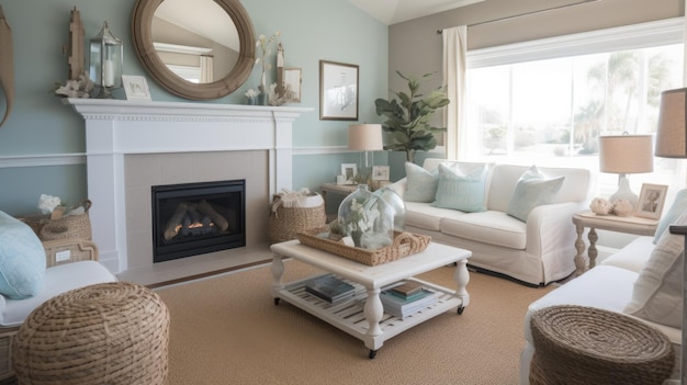 Interior deisgn of Living Room in Coastal style with Fireplace