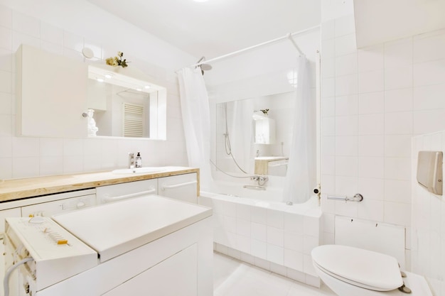 The interior of a delightful bathroom with a washing machine