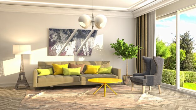 Interior design 3d illustrazione del soggiorno