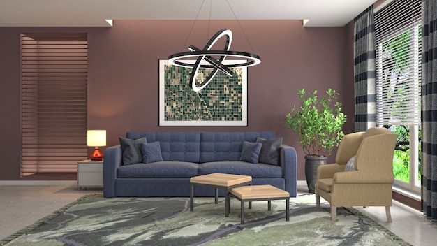 Дизайн интерьера 3d иллюстрации гостиной