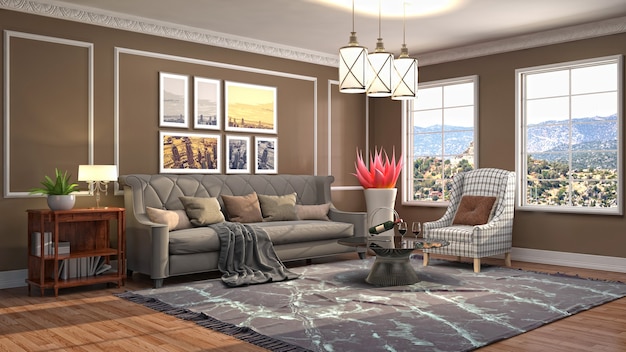Interior design 3d illustrazione del soggiorno
