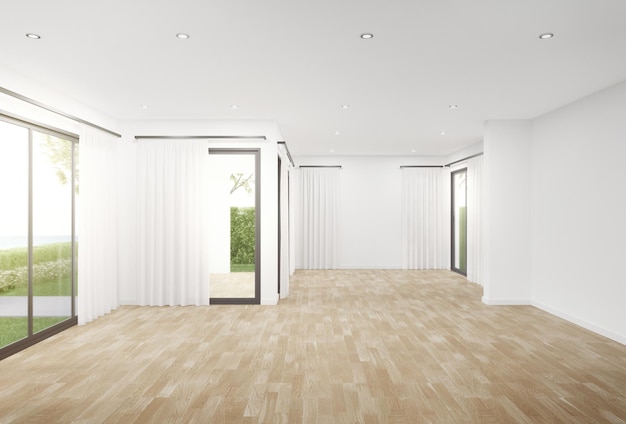 Interior design rendering 3d di un moderno ufficio o appartamento stanza vuota con pavimento in parquet di legno.