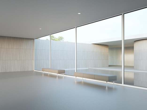 Interior design 3D rendering of modern showroom. Empty white floor with wooden wall background