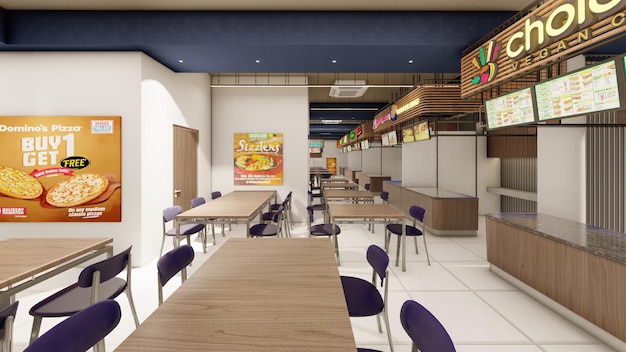 interior design 3d rendering visualization of a food court