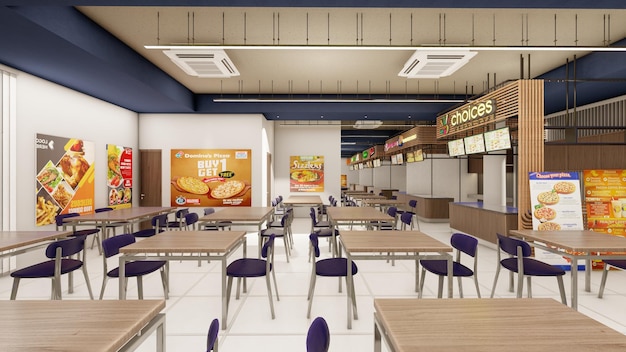 interior design 3d rendering visualization of a food court