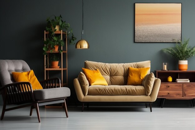 Interior design Abstract painting on grey wall of retro living room interior with beige sofa with pillows vintage dark green armchair and yellow pouf with book