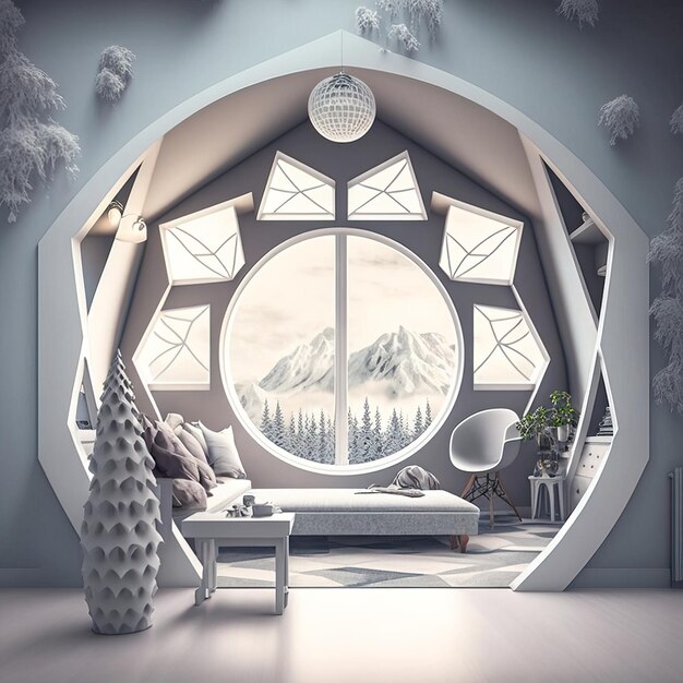 дизайн интерьера дома с круглым окном, открывающим вид снаружи, красивый декор