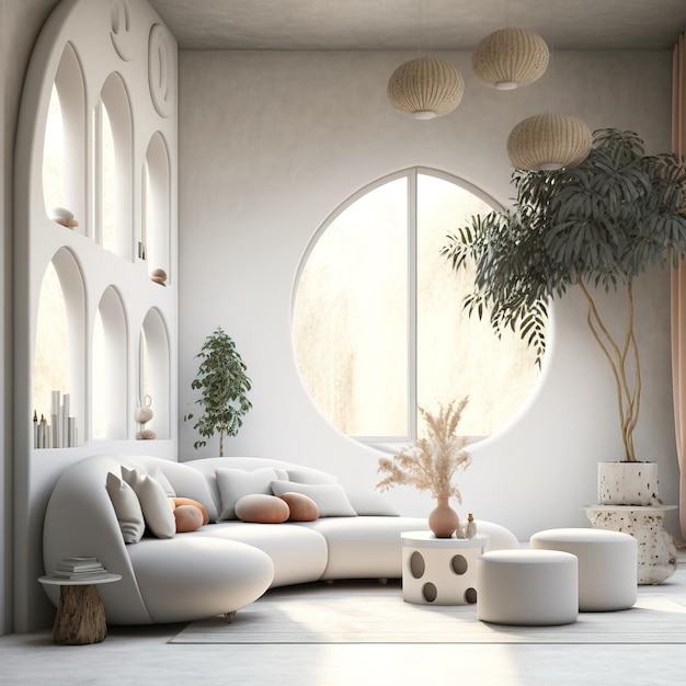 interior design area of the house with a round window showing the view outside beautiful decor