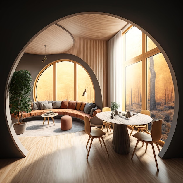 interior design area of the house with a round window showing the view outside beautiful decor