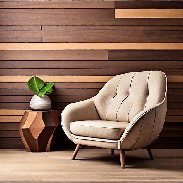 Photo interior design armchair with wood wall background generated by ai