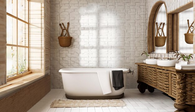 Interior design of Bathroom in Farmhouse style with Clawfoot Tub decorated