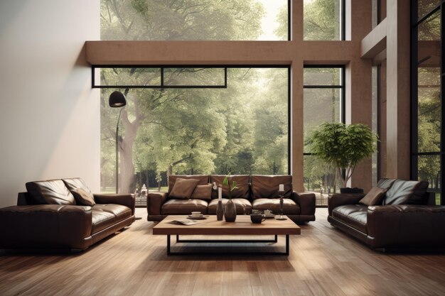 革のソファと巨大な窓がある美しい広大なオープンスペースのリビングのインテリアデザイン