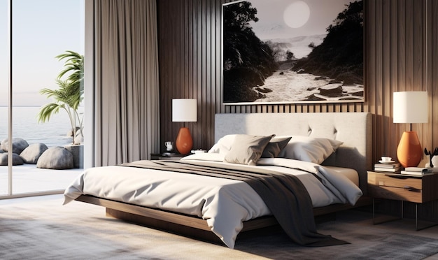 Interior design a bedroom interiors 3d renderings in the style of light gold and dark