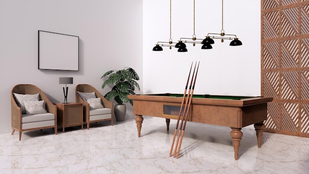 Interior design billiard table with rattan armchair