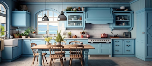 Interior design for a blue kitchen