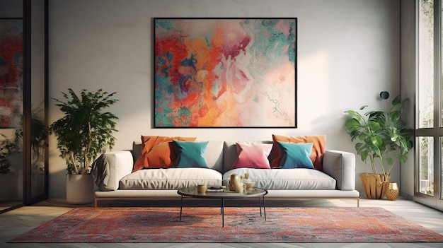 Interior design of a bohemian living room with a big painting on the wall Generative AI