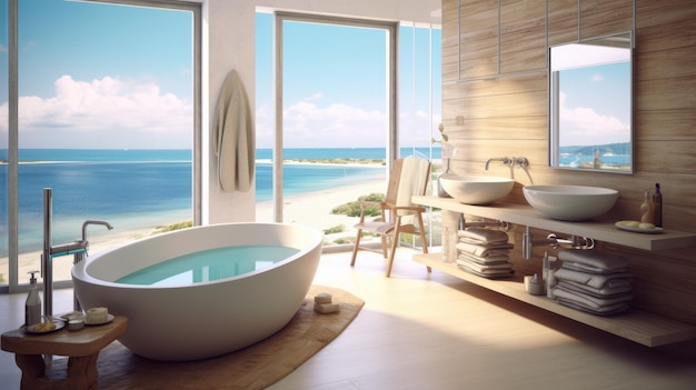 Дизайн интерьера светлой деревянной ванной комнаты в бежевых тонах с видом на океан Генеративное AI-изображение AIG30