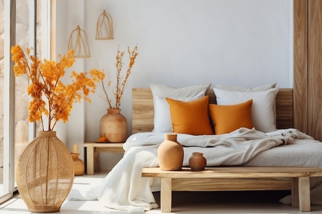 Interior design Brown and orange pillows on white bed in natural bedroom interior with wicker lamp and wooden bedside table with vase