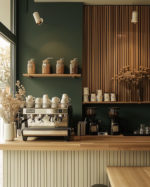 Interior design of cafe with wooden vintage style decorated with warm and cozy tones