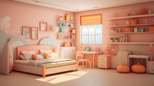 An interior design childs room with a bed desk shelves and a window in a wooden fixture