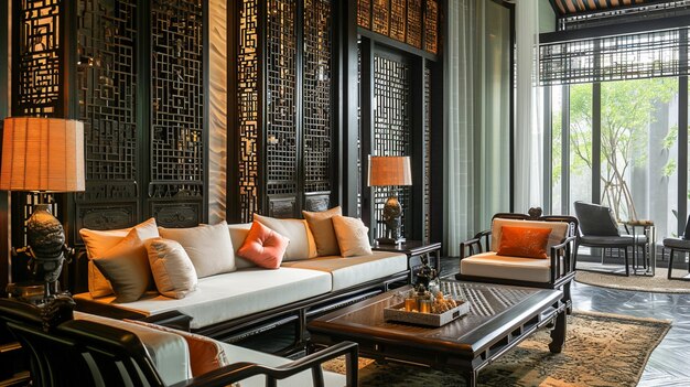 interior design chinese style for living area in luxury house Ai Generative