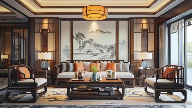 Interior design Chinese style for living area in luxury house or hotel with ancient Generative Ai