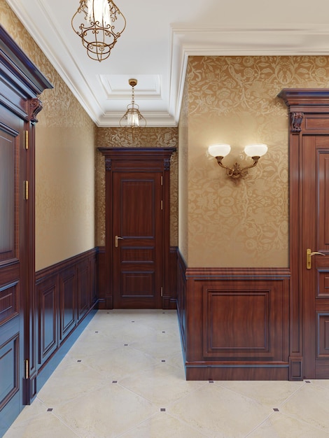 Дизайн интерьера коридора холла в классическом стиле с желтыми обоями, коричневыми дверями и деревянными панелями.