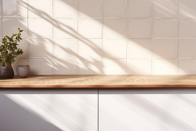 interior design close up blank empty space on beautiful oak wood wooden kitchen counter top with morning sunlight and foliages leaves shadow on white ceramic wall tiles in background Kitchen Backdrop