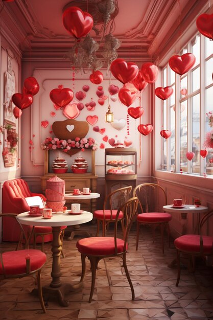 Interior design of a coffee shop decorated for valentines day