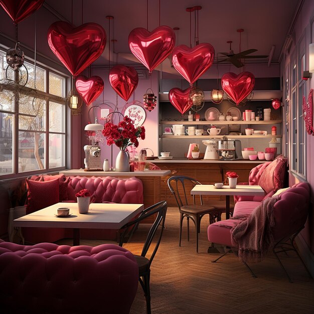 Interior design of a coffee shop decorated for valentines day