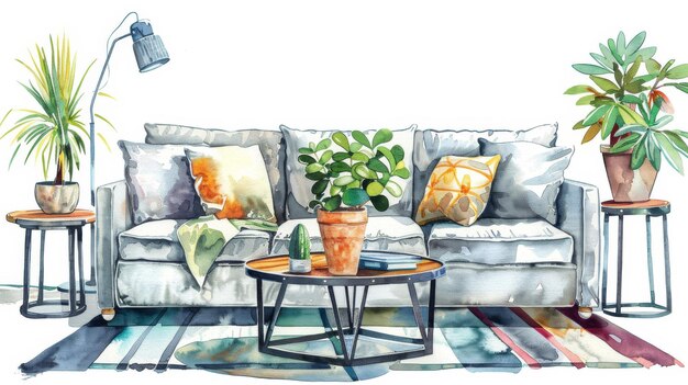 Interior design collection with furniture and assorted decor elements Relaxed lounge on white background Clipart collection of home elements in watercolor