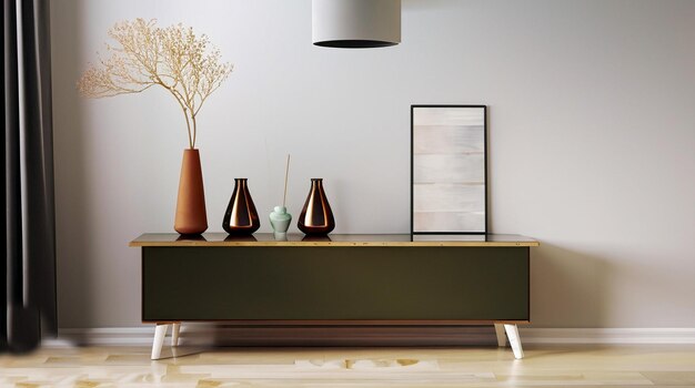 Interior design composition with a modern sideboard with a lamp and vases on it generative Ai