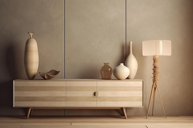 Interior design composition with a modern sideboard with a lamp and vases on it Generative AI