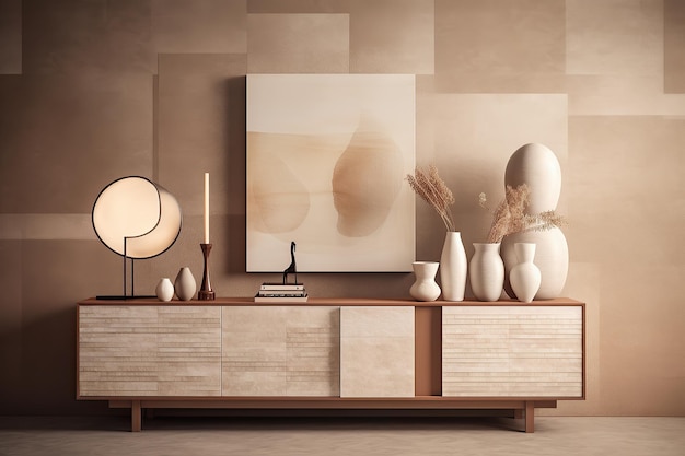 Interior design composition with a modern sideboard with a lamp and vases on it Generative AI