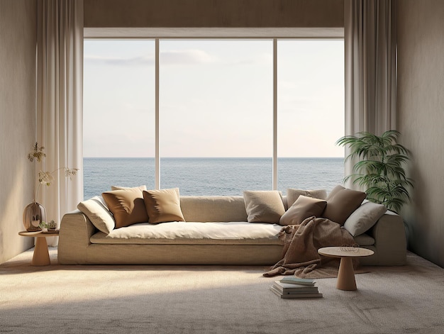 Interior design composition with a modern sofa in front of a large window Generative AI