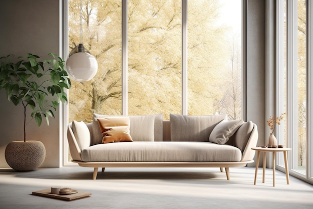 Interior design composition with a modern sofa in front of a large window Generative AI