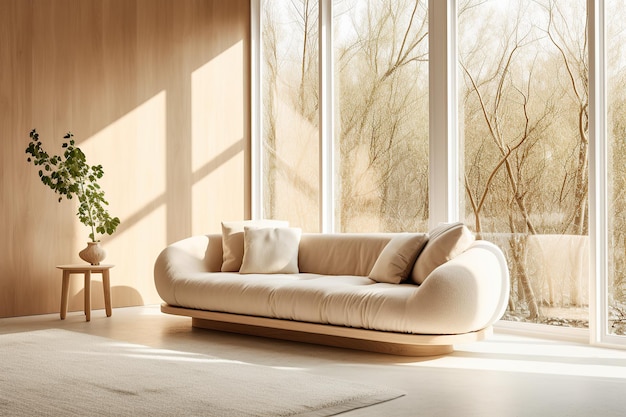Композиция дизайна интерьера с современным диваном перед большим окном Генеративный ИИ