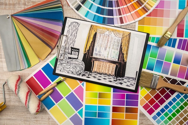 Interior design concept apartment sketch with color palette and tools