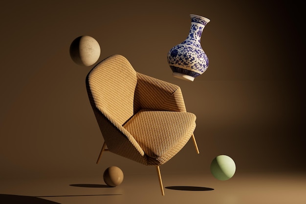 Interior design concept balls a chair and a lamp flying on a brown background 3D render