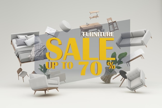 Photo interior design concept sale of home decorations and furniture during promotions and discounts it is surrounded by beds sofas armchairs and advertising spaces banner pastel background 3d render